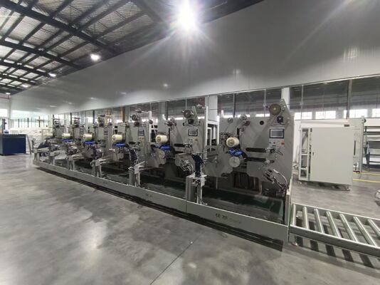 6 स्वतंत्र वाइंडिंग यूनिट, ड्रॉप-डाउन, सर्वो ट्रावर्सिंग 300 मीटर/मिनट – पीपी एक्सट्रूज़न लाइन